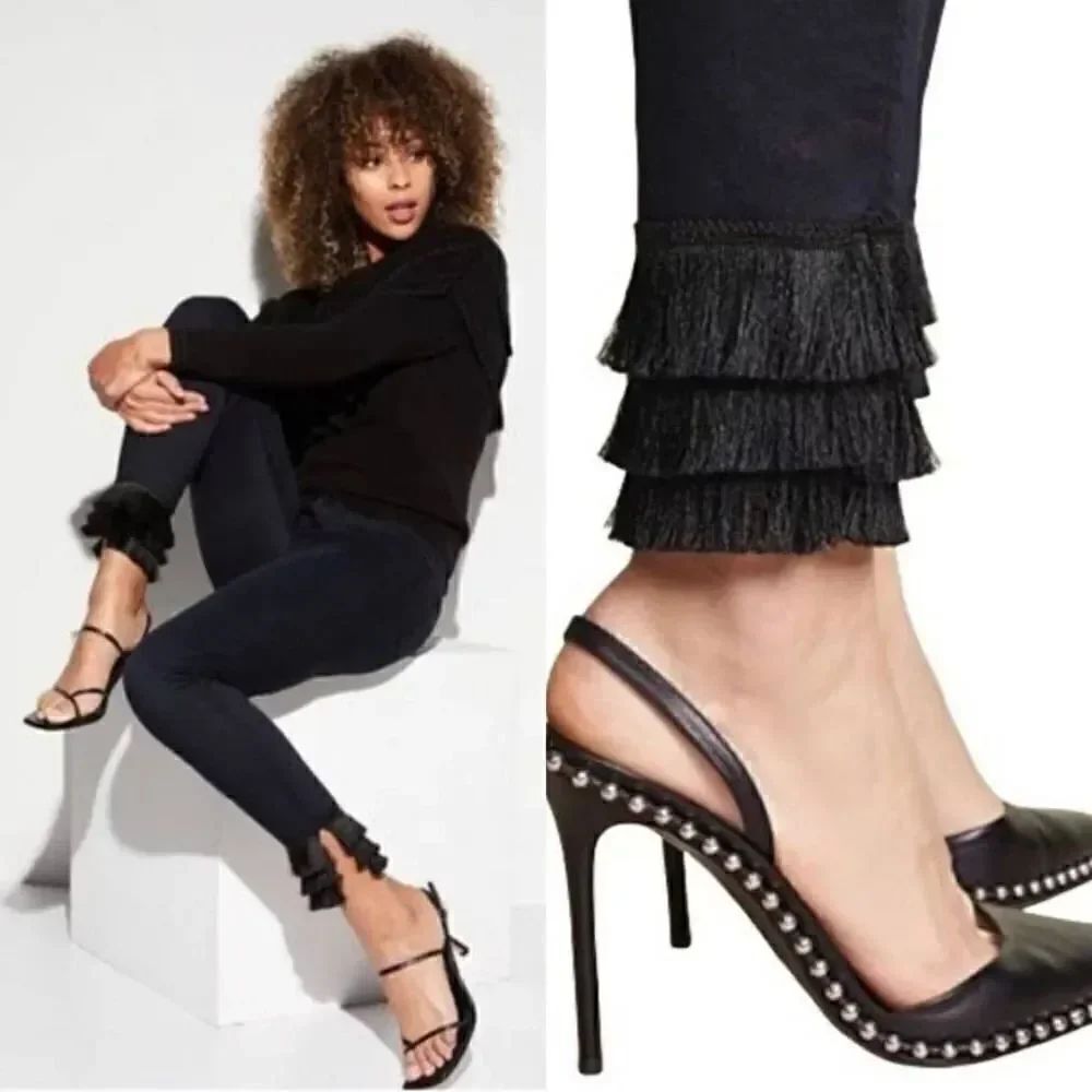 FRAME Denim High Rise Le High Skinny Triple Ankle Fringe Jeans Midnight Blue 25